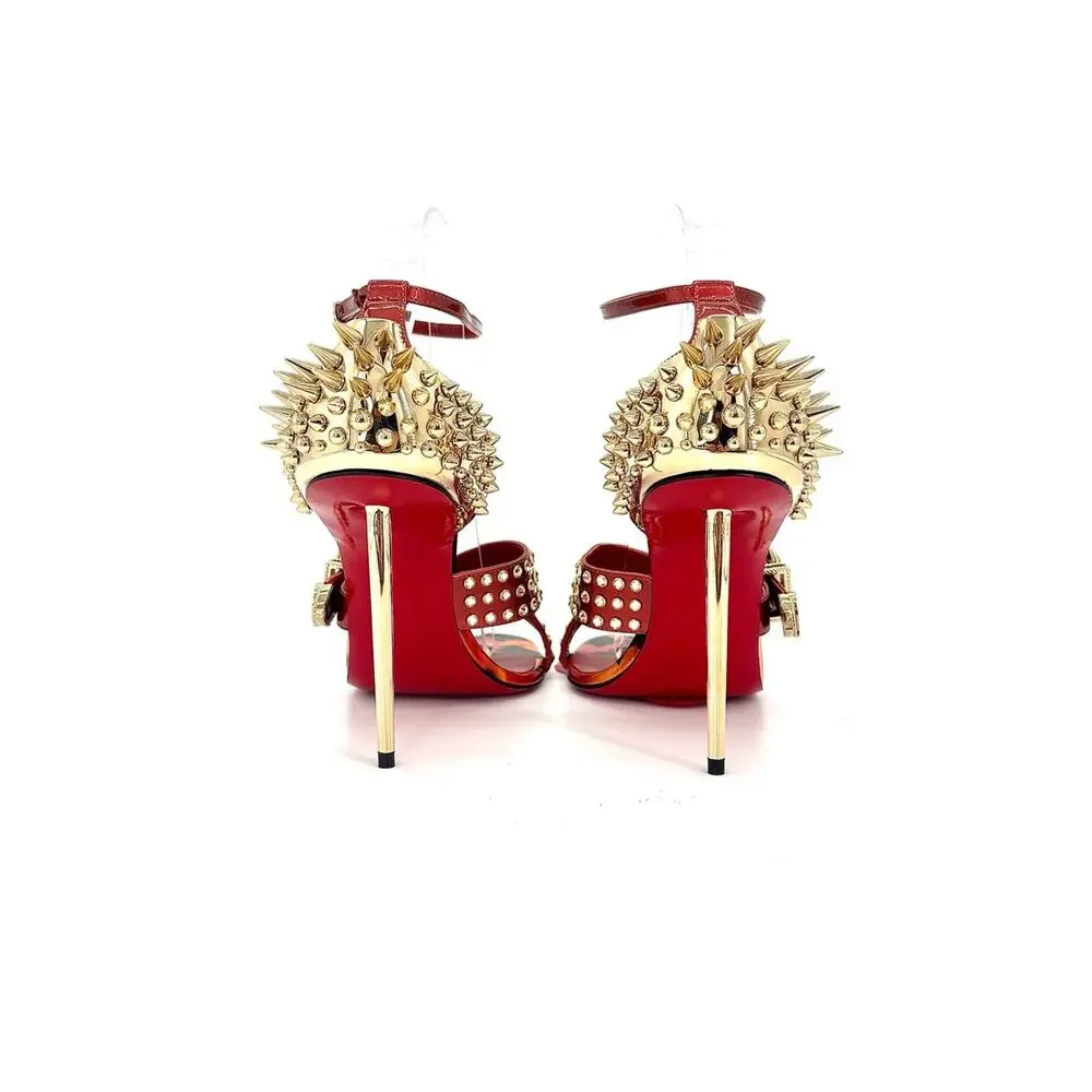 Christian Louboutin Wosandal Pic 100 Rodeo Fire Red Spike High Heel Sandals 39